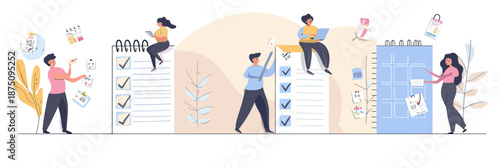 People organizing tasks and planning daily schedule with to do lists and calendar in minimalist flat vector illustration style for productivity concept