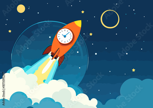 Rocket with clock face launching through night sky clouds symbolizing time management and business startup concept in flat vector style