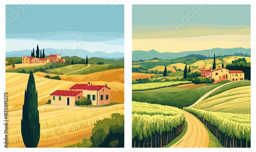 Tuscany Italy rural landscape set with rolling hills, farmland, vineyards, cypress trees, and farmhouse buildings in warm sunlight vector illustration