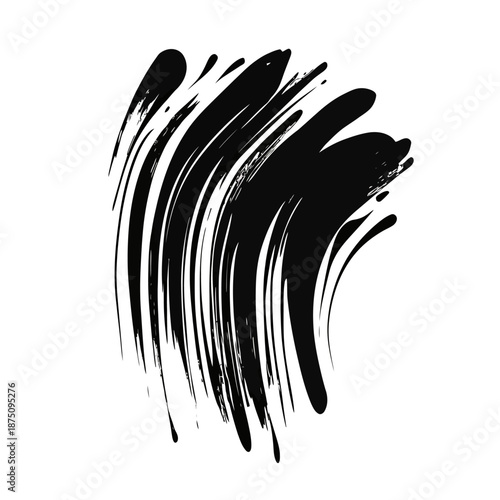 Abstract black ink brush stroke vector with dynamic curved lines and textured paint splashes on white background for artistic minimalist design and calligraphy concept illustration