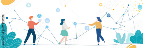 Abstract network connection of diverse people interacting with digital social icons and communication lines in flat minimalist vector style business concept illustration
