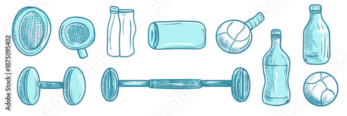 Hand drawn sketch fitness icons set including tennis racket, water bottles, towel, massage ball, dumbbell, barbell, and medicine ball in blue minimalist style vector illustration