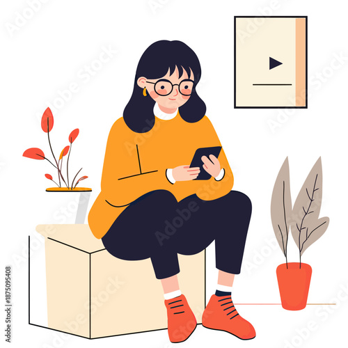 Young woman sitting on cube using smartphone for social media with indoor plants and poster in minimalist flat vector style