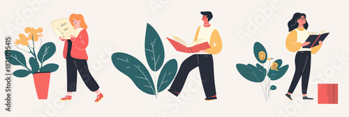 Young adults reading books and documents near plants and flowers in minimalist flat style, education and knowledge concept vector illustration