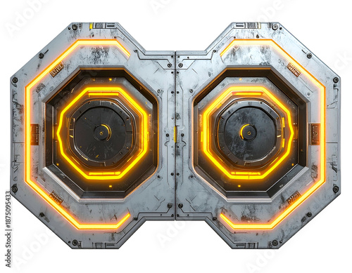 Sci-fi metallic panel with glowing orange accents, symmetrical design