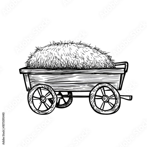 Hand drawn rustic wooden hay cart filled with haystack farm vehicle sketch isolated on white background vector illustration