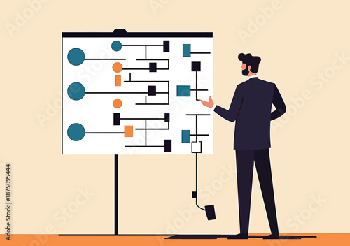 Businessman presenting complex organizational chart with workflow and hierarchical structure on stand board in office meeting vector illustration flat style