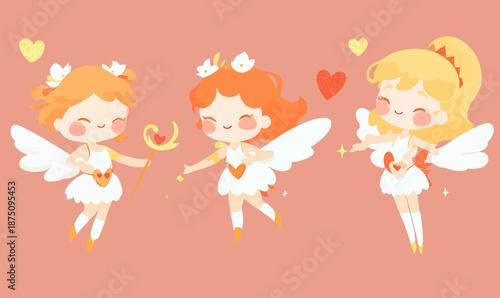 Cute cartoon angels with wings and heart motifs holding magic wand and sparkles, charming fantasy characters in whimsical flat vector style on peach background