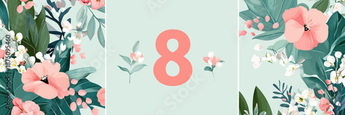 Number 8 with pink flowers and green leaves floral frame flat minimalist vector design for International Women's Day greeting card background