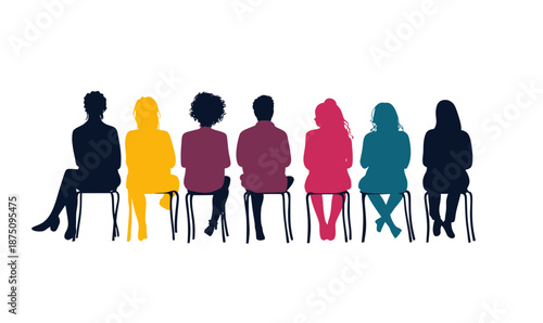 Row of diverse multicultural women silhouettes sitting on chairs in colorful gradient minimalistic flat vector style with white background