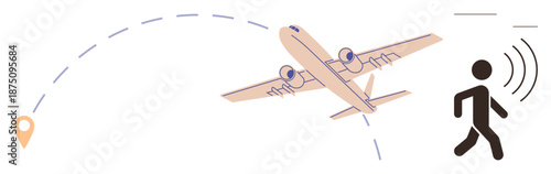 Navigation, travel planning, transportation, global connectivity, mobility, digital communication. An airplane on a flight path, location pin walking person with signal. Navigation and travel