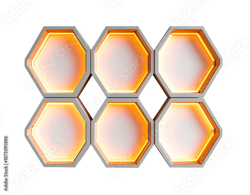Six illuminated honeycombs on a dark background