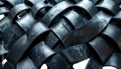 Interwoven, metallic bands creating a textured, dimensional, geometric pattern