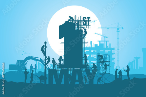 PrintLabour day background, Construction vector background, Worker in a building site.