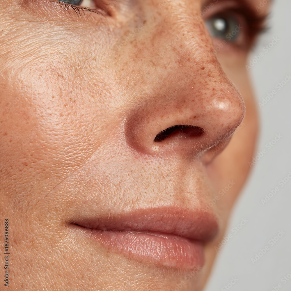 Obraz premium Macro image of oily facial skin with enlarged pores and natural texture on white background