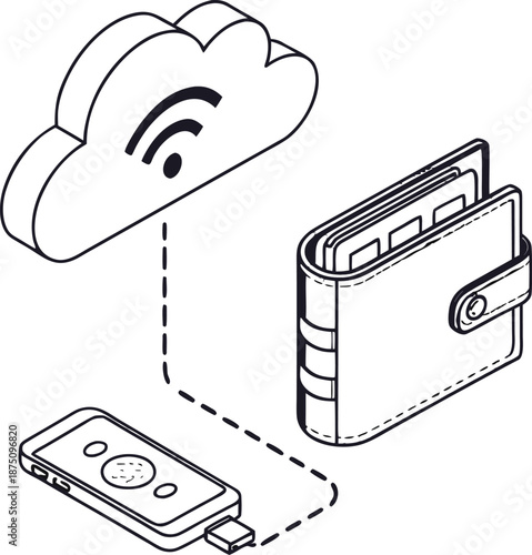 Digital Payment Cloud Wallet: An illustration of a digital wallet connected to a smartphone and a cloud, symbolizing secure and wireless transactions.