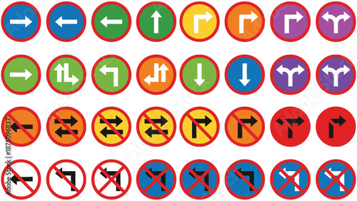 A collection of various traffic signs and directional arrows on a white background