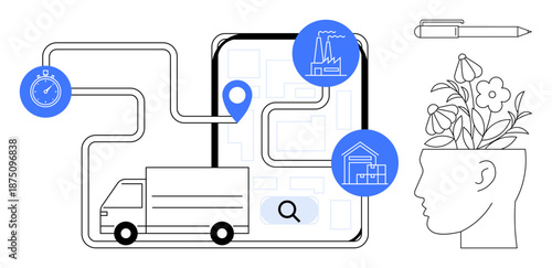 Delivery truck navigating a route map with icons for destinations, stopwatch, pencil, and blooming flowers. Ideal for logistics, innovation, creativity, planning, transport productivity simple flat