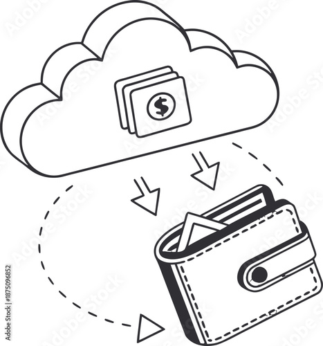 Digital wallet and cloud transfer: Illustrative digital wallet with dollar sign currency transfers safely through the cloud. Illustrating concept of financial technology.