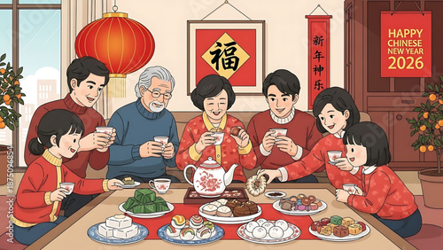 A delightful Chinese New Year celebration with a multi-generational family enjoying tea and traditional delicacies around a festive table, embracing cultural traditions