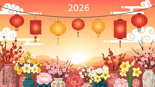 Happy New Year 2026 greeting with lanterns, flowers, and sunset illustration for festive celebrations and cultural events