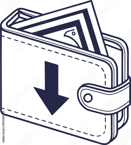 Depleted wallet concept: Illustrative image of a wallet containing a declining sum of money, visualized by a downward-pointing arrow, represents the concept of financial loss.