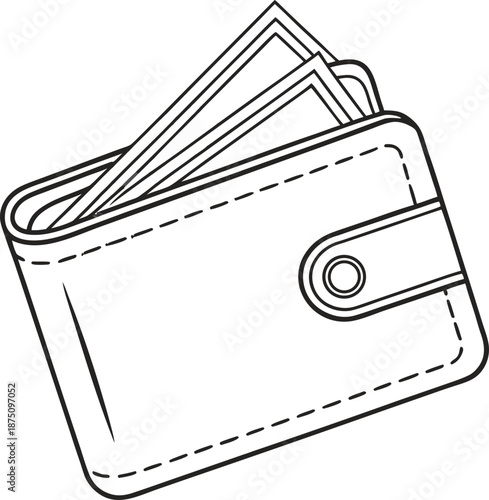 Wallet with Cash: A detailed monochrome illustration of a wallet, showcasing the sleek lines and functional design, filled with crisp paper money, ready for purchases and financial transactions.