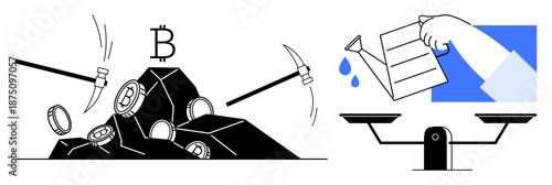 Cryptocurrency, blockchain, mining, digital assets, technology investment, financial balance. Pickaxes breaking into coins and a Bitcoin symbol. Cryptocurrency and blockchain