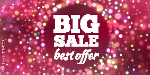 Horizontal winter sale banner with colorful bokeh lights creating a festive glowing atmosphere. Bright modern design perfect for online advertising, website headers, social media promotions and season