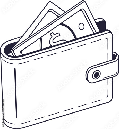 Cash Wallet: Simple illustration of a wallet, partially open, revealing neatly stacked currency within. A symbol of finance and fiscal responsibility.