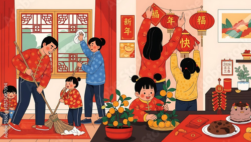 Joyful Family Preparing Home for Lunar New Year Celebration, Cleaning, Decorating with Traditional Ornaments, and Welcoming Festive Spirit