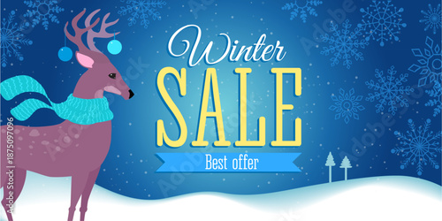 Cartoon style horizontal winter sale banner with a cute deer, snowy winter landscape and decorative snowflake ornament. Bright festive design for online ads, websites, promotions and seasonal marketin