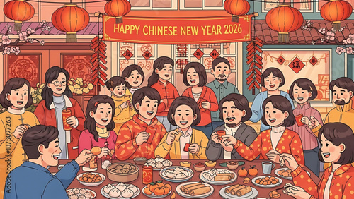 Happy Chinese New Year 2016 Illustration of a Festive Family Gathering Around a Table Laden with Food and Decorations