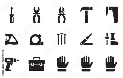 Set of DIY tools icons with screwdrivers, pliers, hammer, saw, drill, toolbox, nails and gloves