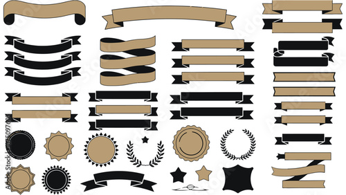 A collection of various black and gold ribbons and labels on a white background