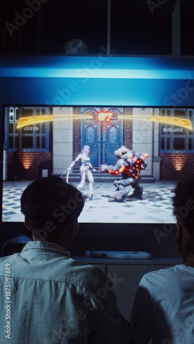 Man and woman playing video games at home in the evening