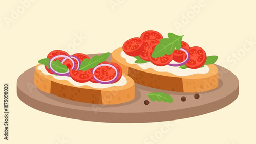 Illustration of two gourmet toasts with tomatoes, onions, arugula, and creamy spread on a wooden board