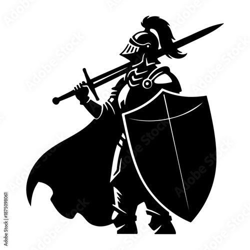 Valiant knight in armor holding sword and shield silhouette vector illustration