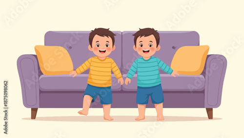 Illustration of two happy toddler boys standing in front of a purple sofa with yellow cushions