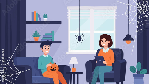 Illustration of two individuals celebrating Halloween at home with festive decorations