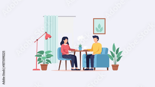 Illustration of two people sitting at a table, conversing in a cozy room with plants and a lamp