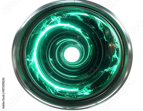 A glowing green spiral vortex within a metallic circular frame
