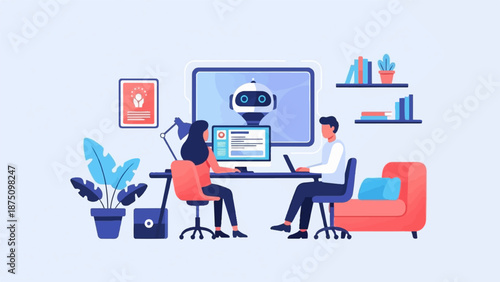 Illustration of two people working with computers, featuring a robot on screen, in a modern office