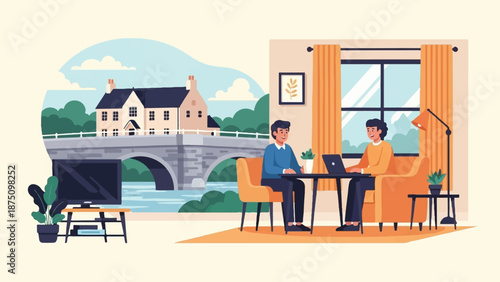 Illustration of two remote workers in different rooms, one overlooking a village and bridge, the other a window