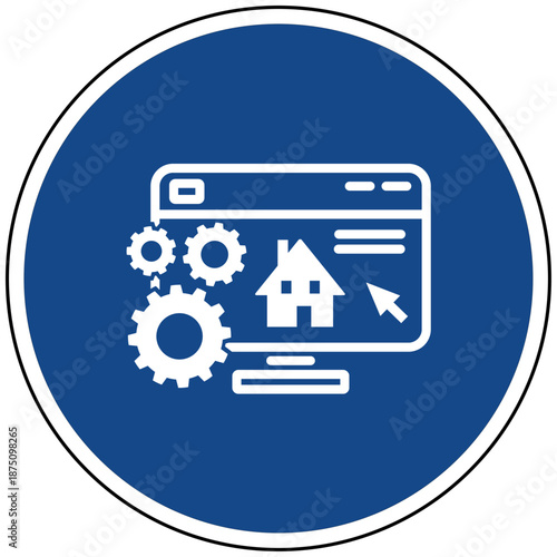 Immobilien Webseite Vektor Icon Haus Suche online Portal mit Zahnrädern blaues Schild für Homepage Webdesign Programmierung Hausverwaltung Gebäude Management Software Makler Grafik
