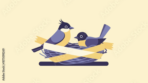 Illustration of two stylized blue and yellow birds, a parent and a fledgling, nestled in their home