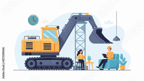 Illustration people plan construction near an excavator, featuring a large machine, workers, and a clock