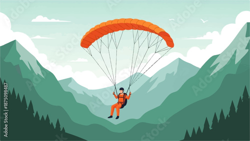 Illustration solitary person paragliding with a vibrant orange canopy over a serene mountain range