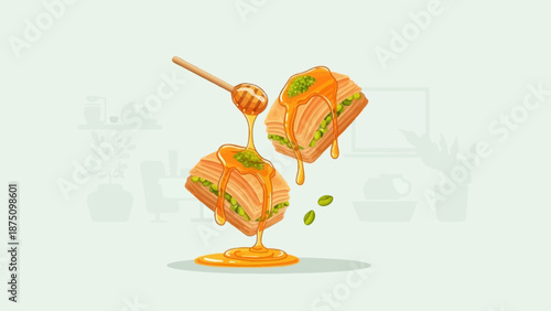 Illustrative depiction of two honey-drenched layered pastries with green nuts, set against a soft background