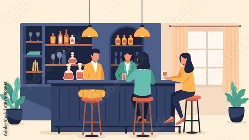 Illustrative bar scene staff serving two customers at the counter, with bottles, glasses, and plants